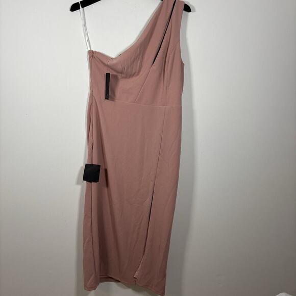 Lulus Cocktail Club One Shoulder Dress XL Dusty Pink Blush Fitted Crepe NWT - Picture 2 of 10